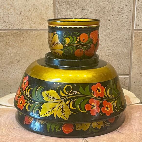 Russian Khokhloma Hand Painted Vintage Wooden Folk Art Bowl Set - Picture 1 of 16